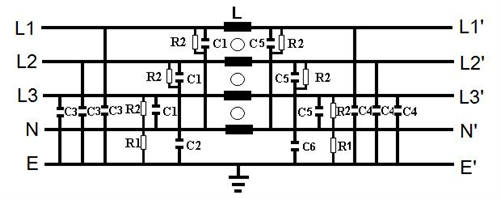 <center>歐規-(單π迴路)</center><br><center>(4P)</center><br><center>三相四線式電源濾波器</center>