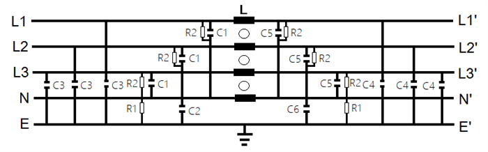 <center>日規-(單π迴路)</center><br><center>( 4P-SA )</center><br><center>三相四線式電源濾波器</center>